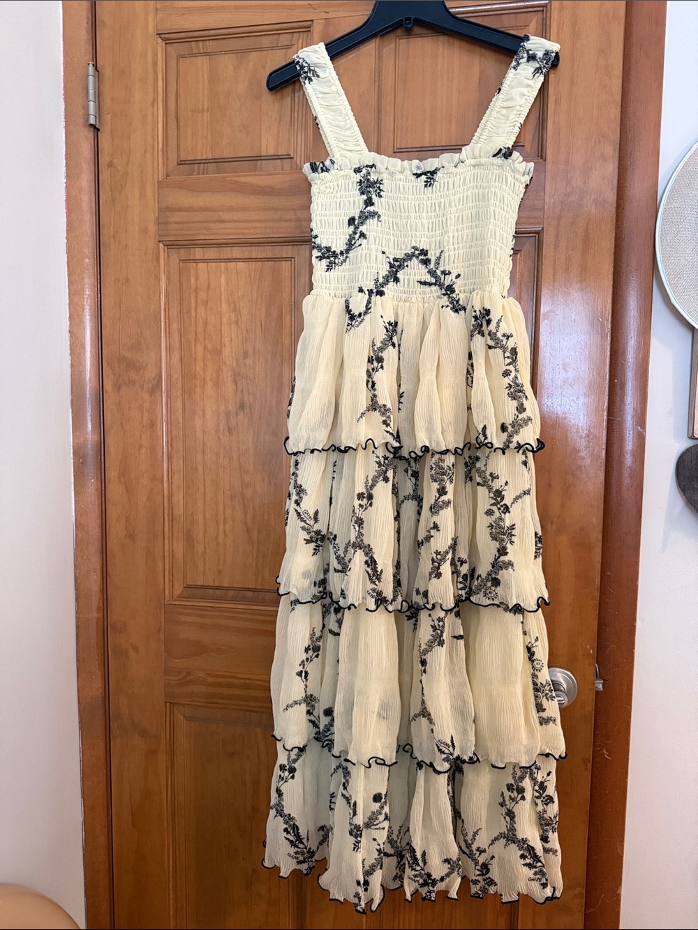 Ganni Tiered Floral Embroidered Dress - Cream and Black